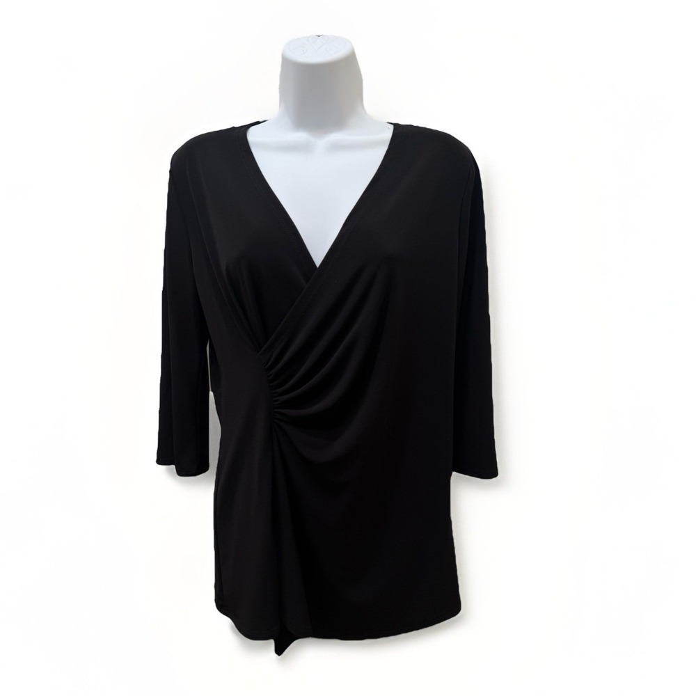 Clara Sun Woo V-Neck Draped Pleat Wrap Top Blouse Classic Black Women's Size S
